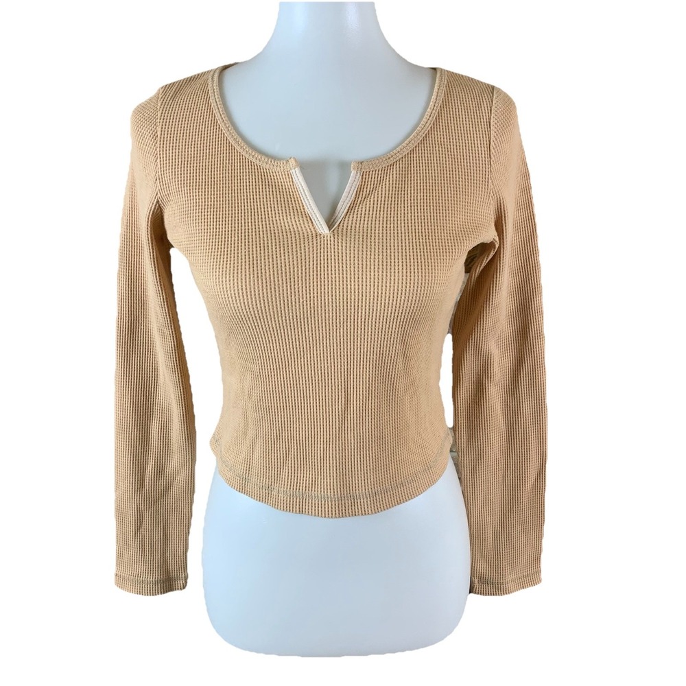 Berlook Waffle Knit Long Sleeve‎ Notch Neck Fitted Thermal Top Beige Casual M